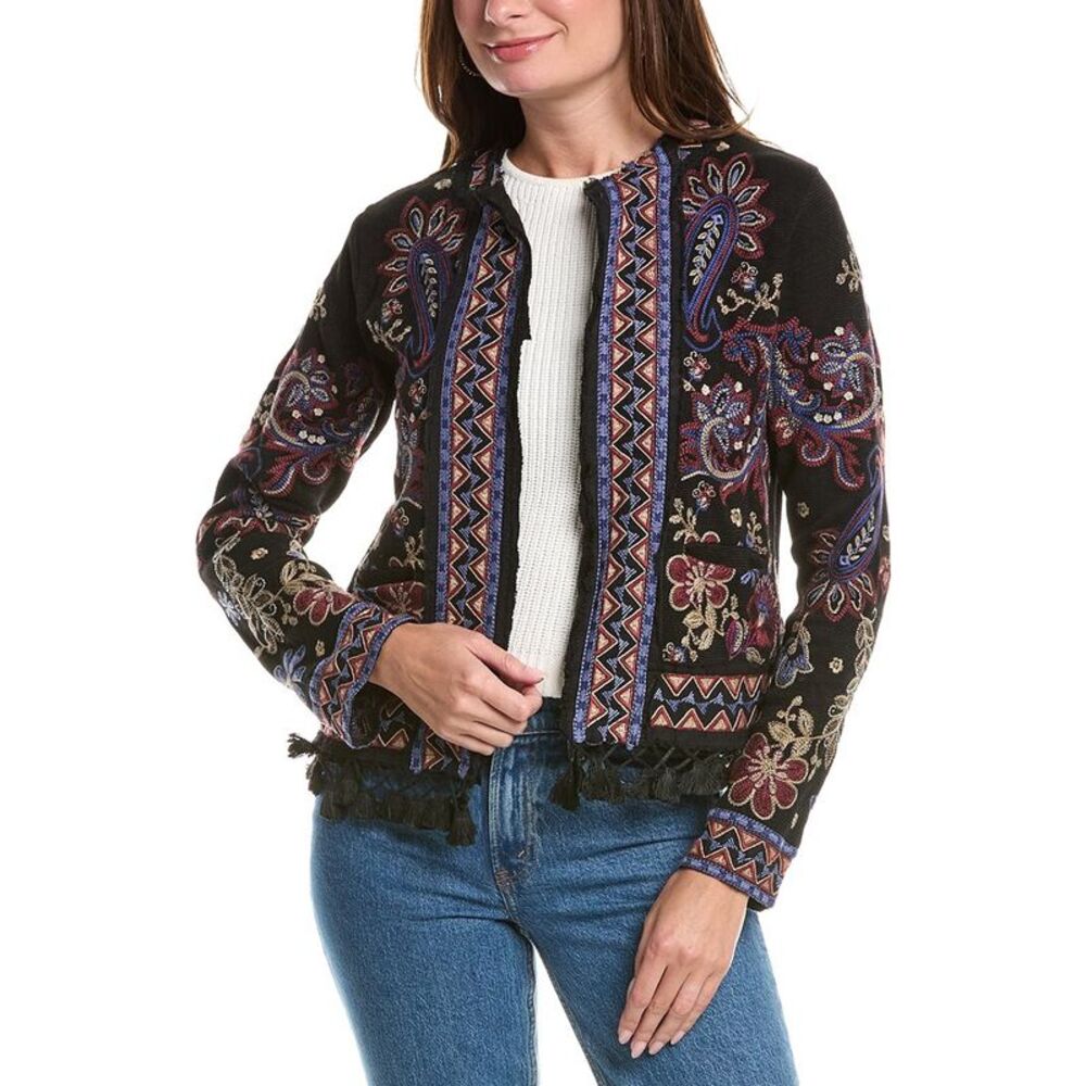 Johnny Was Womens Katiuska Short Fringe Jacket, Black
